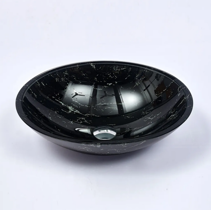 480*390*140mm Gloss Black Double Layer Tempered Glass Oval Above Counter Art Basin