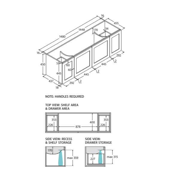 600-1800*455*450mm FIE Mila White EO Board Cabinet Only Satin Wall Hung Vanity - No Handle - HD reno
