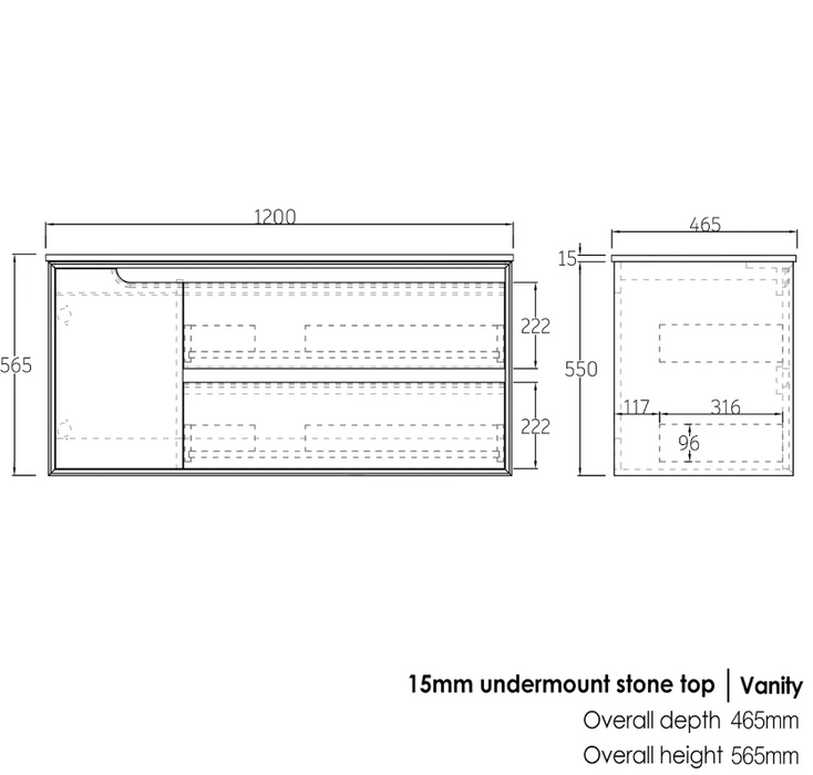 1200mm Byron Black Oak Wall Hung Vanity and Tall Boy and Shaving Cabinet