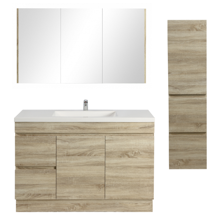 1200mm Berge White Oak Floor MDF Vanity and Shaving Cabinet and Tall Boy