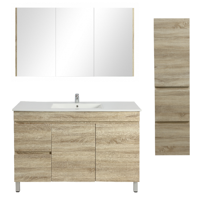 1200mm Berge White Oak Floor MDF Vanity and Shaving Cabinet and Tall Boy