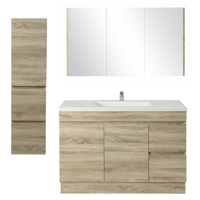 1200mm Berge White Oak Floor MDF Vanity and Shaving Cabinet and Tall Boy