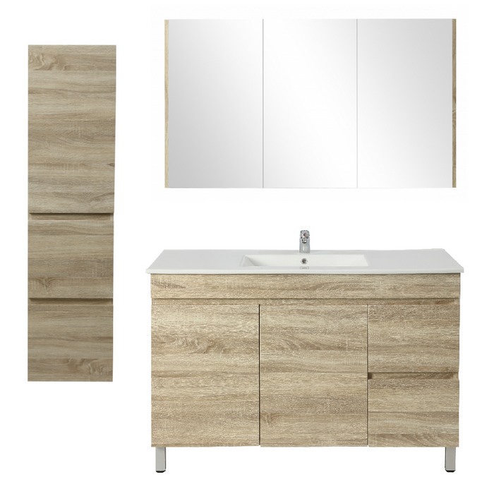 1200mm Berge White Oak Floor MDF Vanity and Shaving Cabinet and Tall Boy