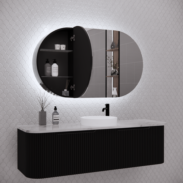 1200*700*150mm ABS Paris Oval Copper-free Mirror Plywood Matt Black/Matt White Back Lit LED Shaving Cabinet