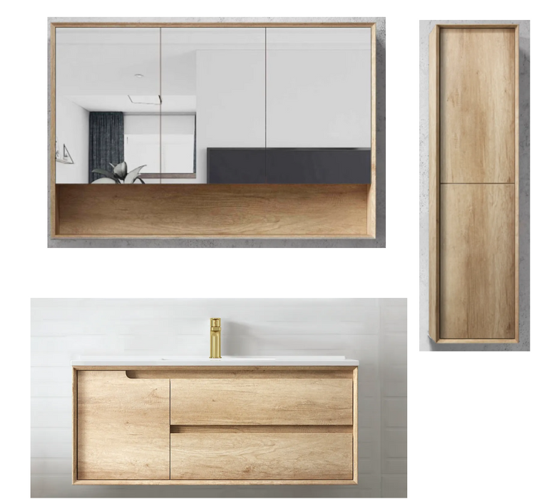 1200mm Byron Natural Oak Wall Hung Vanity and Tall Boy and Shaving Cabinet