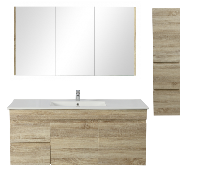 1200mm Berge White Oak Wall Hung MDF Vanity and Shaving Cabinet and Tall Boy