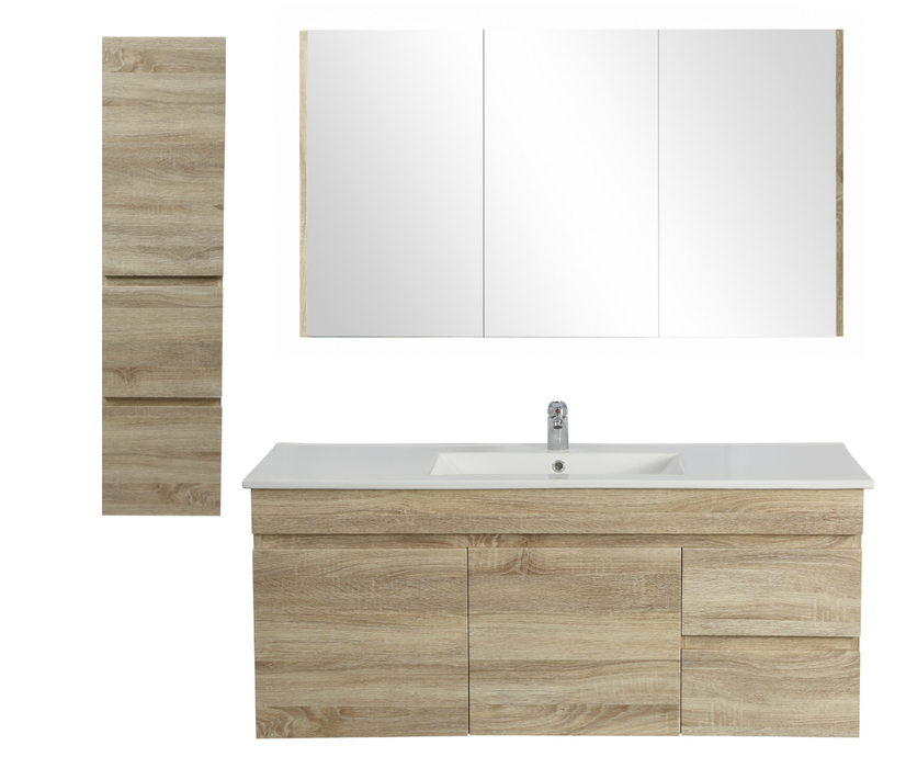 1200mm Berge White Oak Wall Hung MDF Vanity and Shaving Cabinet and Tall Boy