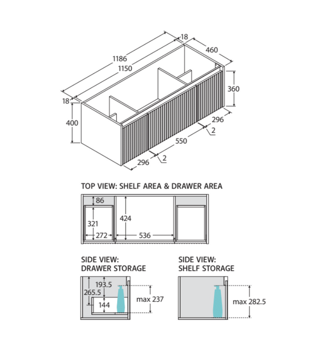 750-1500*460*420mm FIE Alina Satin White Cabinet Only and Ceramic / Stone Top Available Wall Hung Vanity