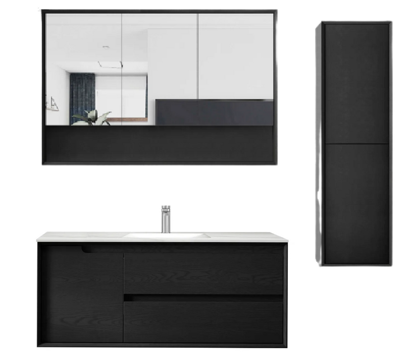 1200mm Byron Black Oak Wall Hung Vanity and Tall Boy and Shaving Cabinet