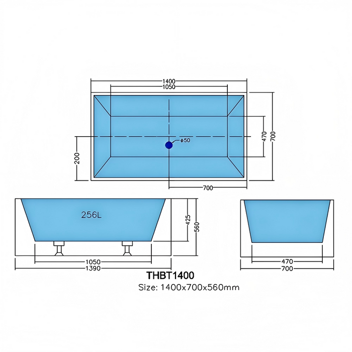 1400*700*560mm Poseidon THBT Matt White Rectangle Acrylic Multifit Freestanding Bathtub