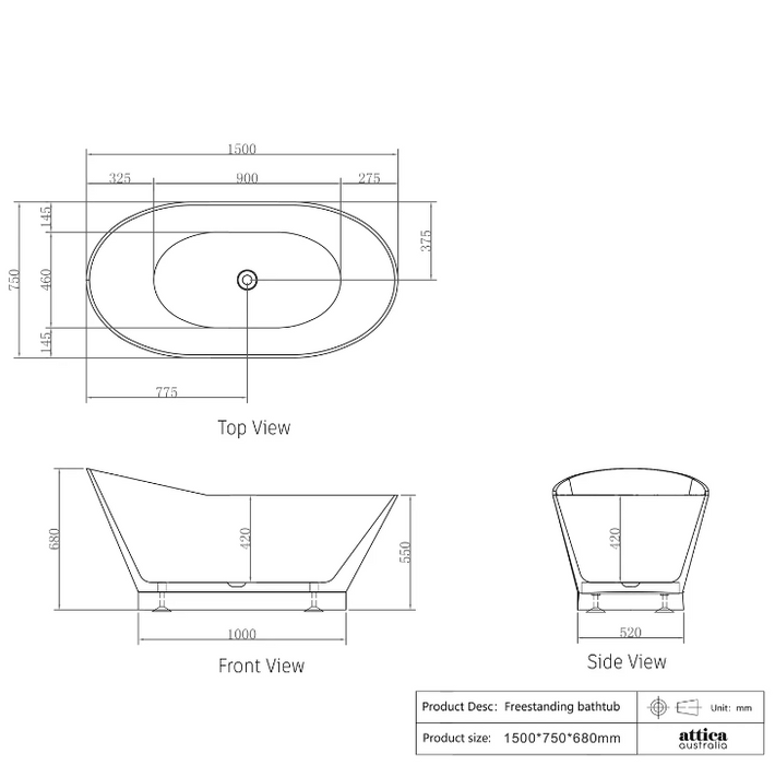1500/1700*750/800*680mm INS OTTI London Gloss White Special Shape Curved Acrylic Freestanding Bathtub
