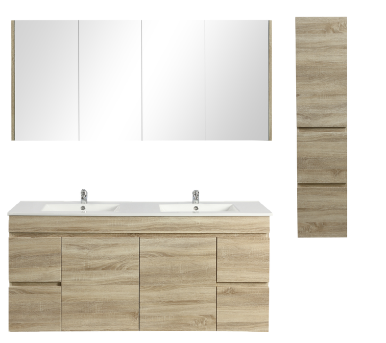 1500mm Berge White Oak Wall Hung MDF Vanity and Shaving Cabinet and Tall Boy