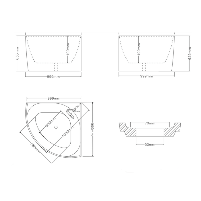 1000*1000*635mm Lukka Bingie With Overflow Corner Mini Acrylic Skirt Bathtub