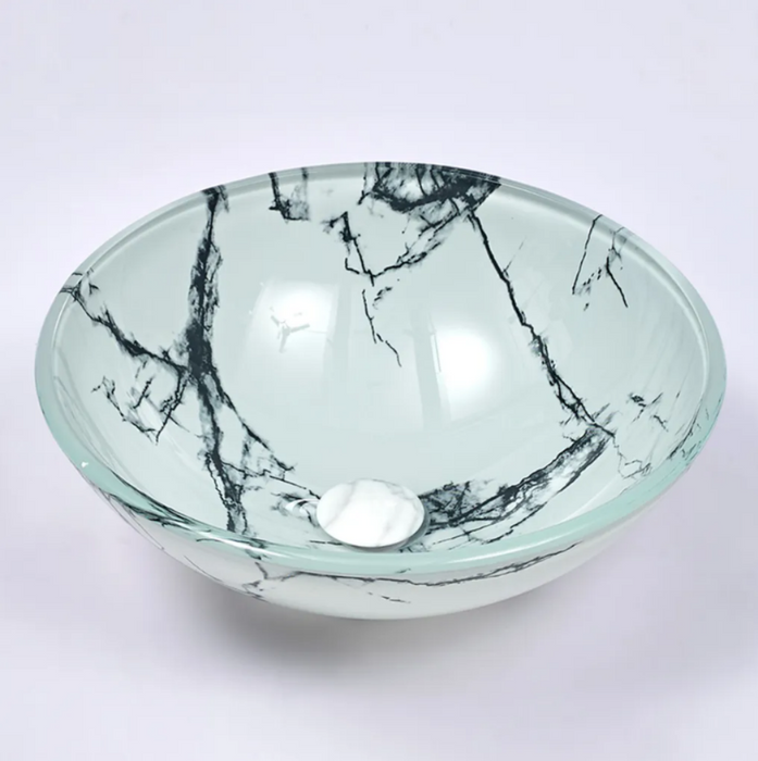 420*420*145mm Marble Tempered Glass Round Above Counter Art Basin