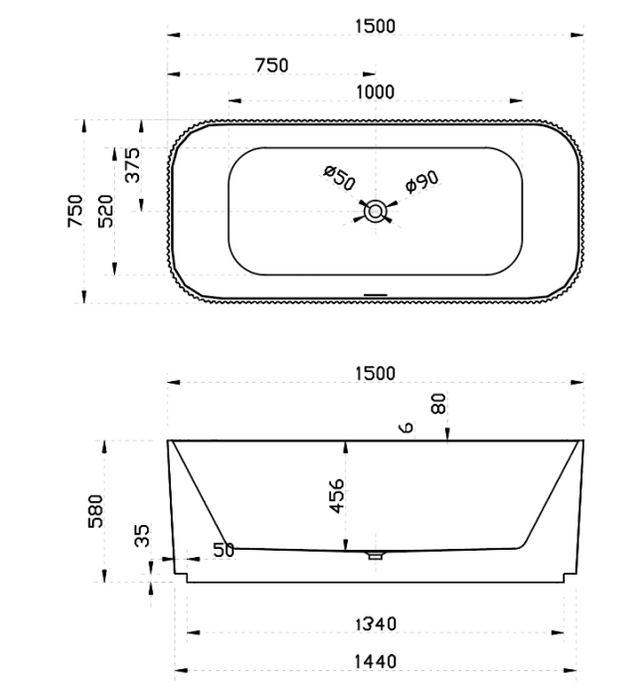 1500*750*580mm ABS Milano Riva White/Black Oval Flute Profile Freestanding Bathtub - HD reno