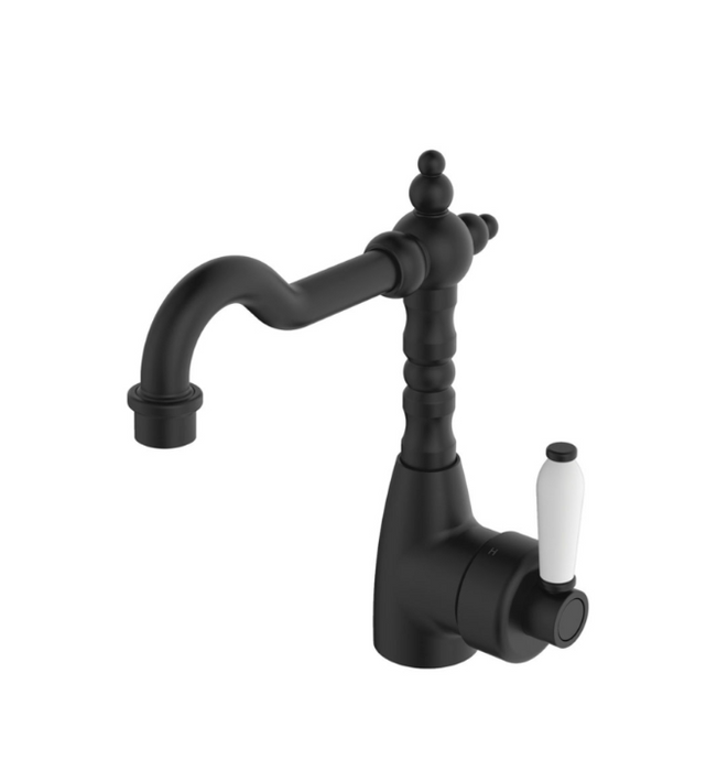 Fienza Eleanor Mordern Vintage Shepherds Matt Black Solid Brass With Ceramic Handle Crook Basin Mixer