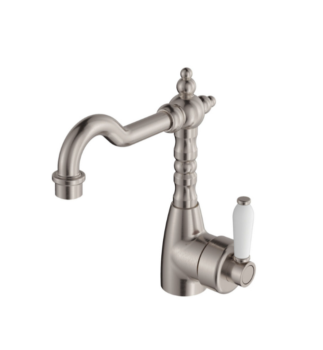 Fienza Eleanor Mordern Vintage Shepherds Brushed Nickel Solid Brass With Ceramic Handle Crook Basin Mixer