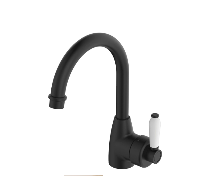 Fienza Eleanor Mordern Vintage Matt Black Solid Brass With Ceramic Handle Gooseneck Basin Mixer