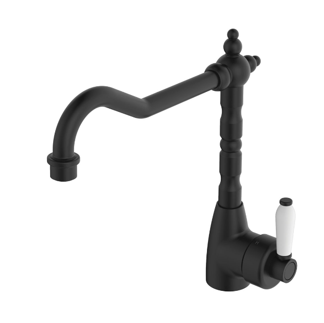 Fienza Eleanor Mordern Vintage Shepherds Matt Black Solid Brass With Ceramic Handle Swivel Crook Sink Mixer