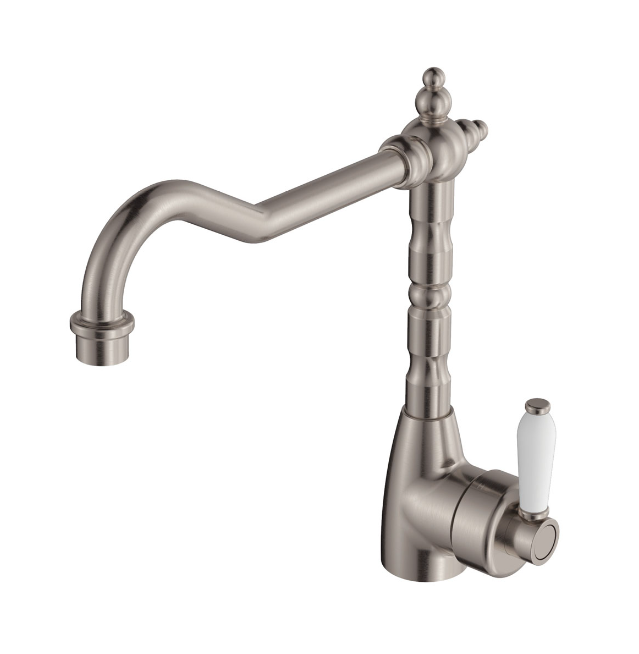 Fienza Eleanor Mordern Vintage Shepherds Brushed Nickel Solid Brass With Ceramic Handle Swivel Crook Sink Mixer