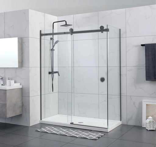 870-1180x2000mm Sliding L Shape Frameless Gunmetal Grey 10mm Glass Embedded Circle Handle Shower Screens - HD reno