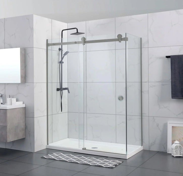 870-1180x2000mm Sliding L Shape Frameless Brushed Nickel 10mm Glass Embedded Circle Handle Shower Screens - HD reno