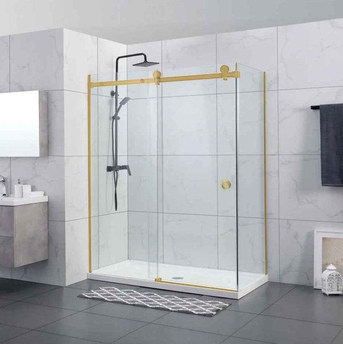 870-1180x2000mm Sliding L Shape Frameless Brushed Gold 10mm Glass Embedded Circle Handle Shower Screens