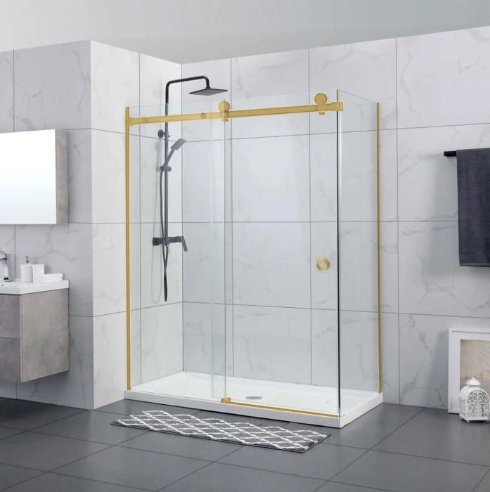870-1180x2000mm Sliding L Shape Frameless Brushed Gold 10mm Glass Embedded Circle Handle Shower Screens - HD reno