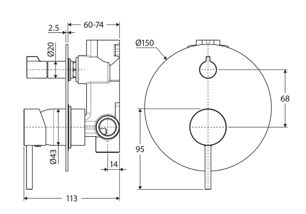 100mm Fienza Kaya Chrome/Matt White/Matt Black/Brushed Nickel/Gun Metal/Urban Brass/Brushed Copper Solid Brass Large Round Plate Wall Diverter Mixer