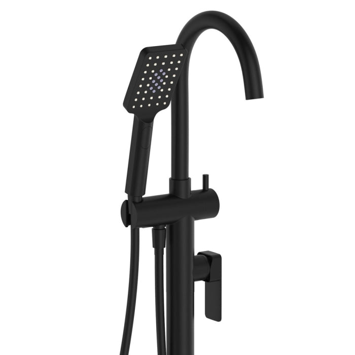 Fienza Tono Matt Black Solid Brass With Square Hand Shower Swivel Floor Mounted Bath Mixer