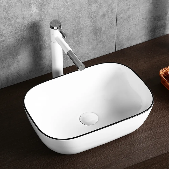 460*330*135mm Gloss White with Black Rim Ceramic Retangle Above Counter Art Basin