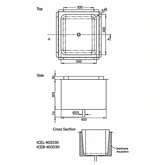 Weld In Insulated Stainless Steel Ice Well (400x350x300)