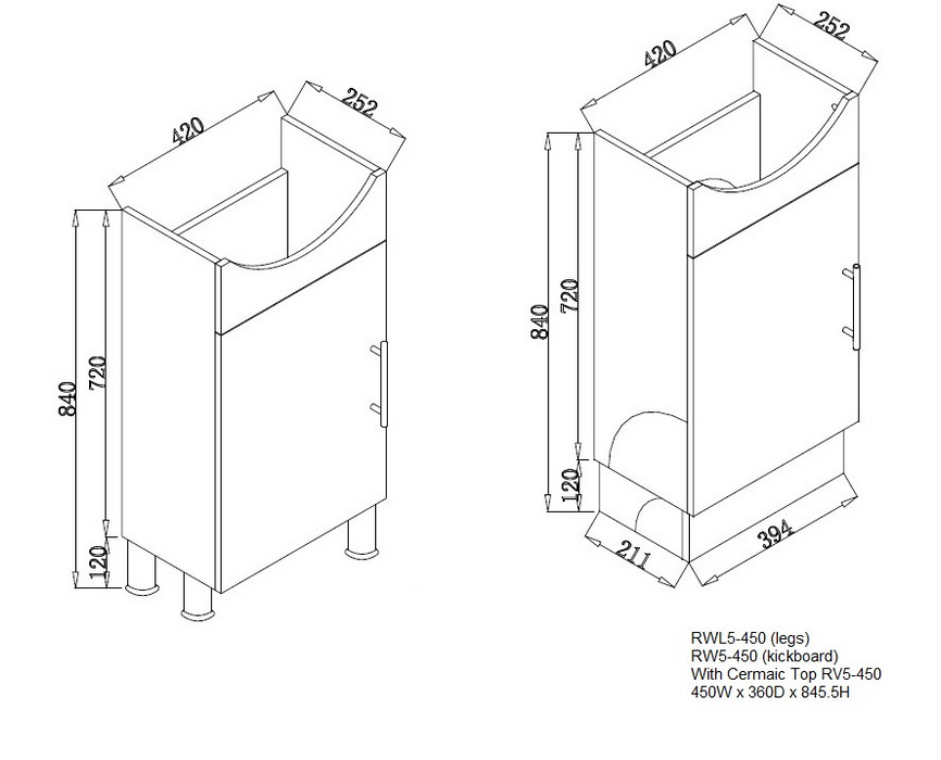 450-1200mm ROMA Semi-recessed White China Top With T Bar Handle Freestanding Bathroom Vanity