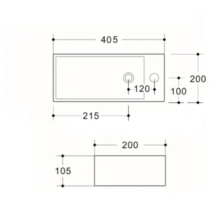 405*200*105mm Gloss White Ceramic Rectangle One Tap Hole On Left/Right Wall Hung Basin