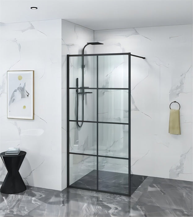 900-1000x2000mm 6mm Tempered Small Glass Black Fully Framed Grid Lattice Single Door Fixed Panel Walk-in Shower Screens - HD reno