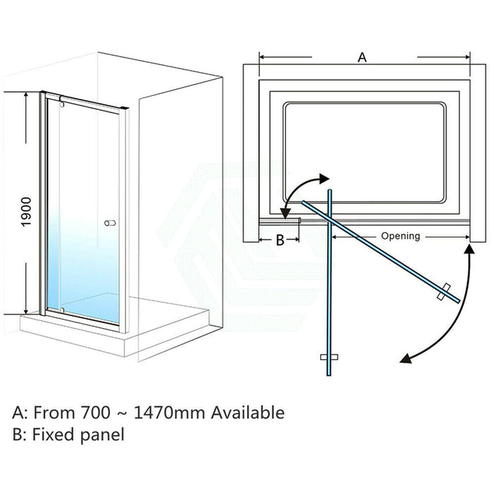 700-1470x2000mm Semi-frameless Pivot Door Wall to Wall Chrome Fittings 6mm Glass Shower Screens - HD reno