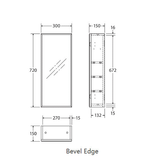 300*720*150mm Fienza Gloss White E1 MDF Board Copper-free Glass Rectangle Pencil/Bevel Edge Shaving Cabinet With Shelf