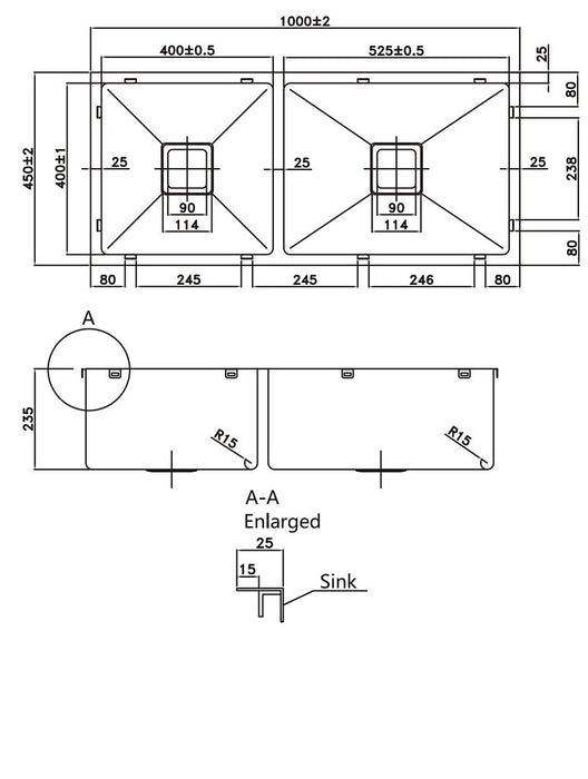 1000*450*235mm 1.2mm 304 Stainless Steel Top/Under Mount Square Waste Double Bowl Kitchen Sink