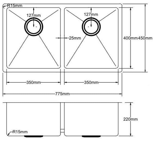 775*450*235mm 304 Stainless Steel Double Bowl Sink Square Wastel Top/Under Mount