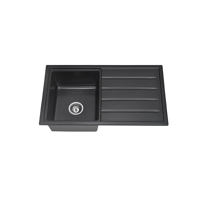 860*490*230mm BK Arcko Granite Matte Black Square Top Mount / Under Mount Single Bowl With Drainer Laundry Kitchen Sink - HD reno