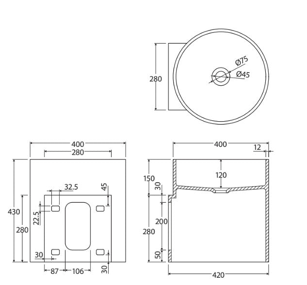 430*400*400mm FIE Livo Matte White Cast Stone Round Wall-Hung Basin
