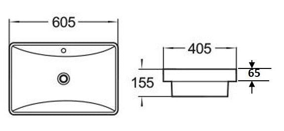 605*405*155mm Poseidon PI6040 Gloss White Ceramic Rectangle With Overflow Insert Basin