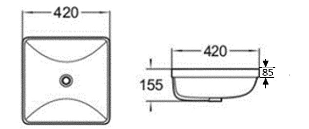 420*420*155mm Poseidon PI4242 Gloss White Ceramic Square Insert Basin