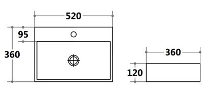 520*360*120mm Poseidon PW5236 Gloss White Ceramic Rectangle With 1 Tap Hole Wall Hung Above Counter Basin