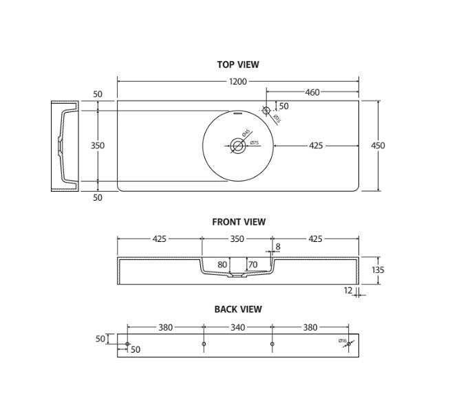 1200*450*135mm FIE Encanto Matte White Cast Stone Rectangle Wall Hung Basin