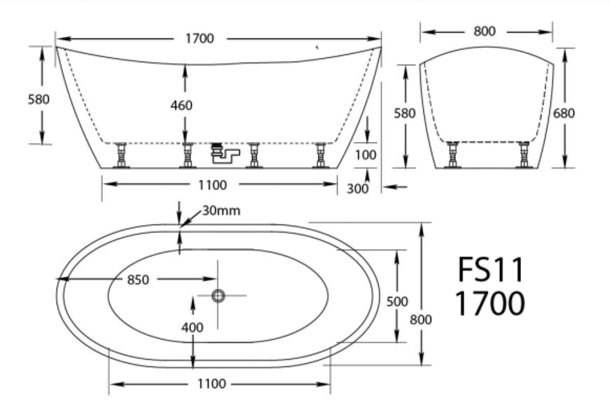 FS11 1500/1700*760/800*680mm Bath Tub White/Black Acrylic Free Standing - HD reno