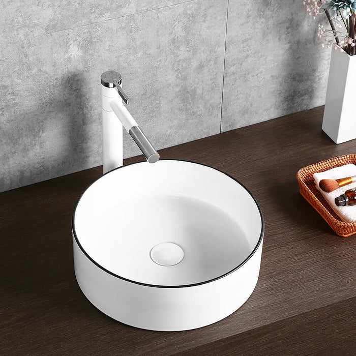 400*400*130mm/360*360*120mm Gloss White with Black Rim Ceramic Round Above Counter Basin