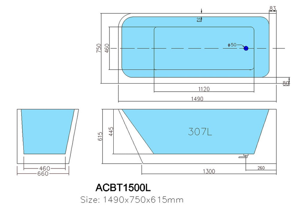1500-1700*750*610mm Poseidon ACBT Gloss White Rectangle Acrylic Left or Right Corner Back Bathtub