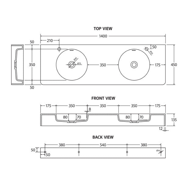 1400*450*135mm FIE Encanto Matte White Cast Stone Rectangle Double Bowl Wall Hung Basin
