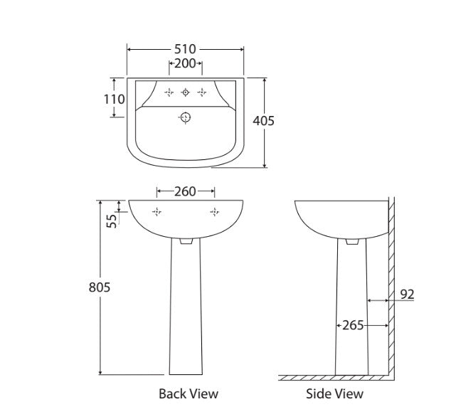 510*405*805mm RAK Lara Gloss White Ceramic Oval Pedestal Basin